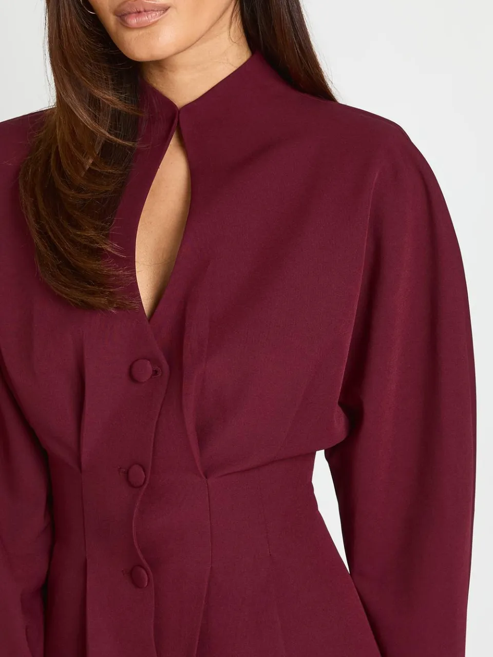 boohoo Dames Mini-jurk Met Plunge-uitsnijding En Hoge Hals In Getailleerde Snit bessen, foto 4