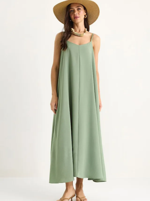 Bianco Lucci Maxi V-hals Jurk Saliegroen