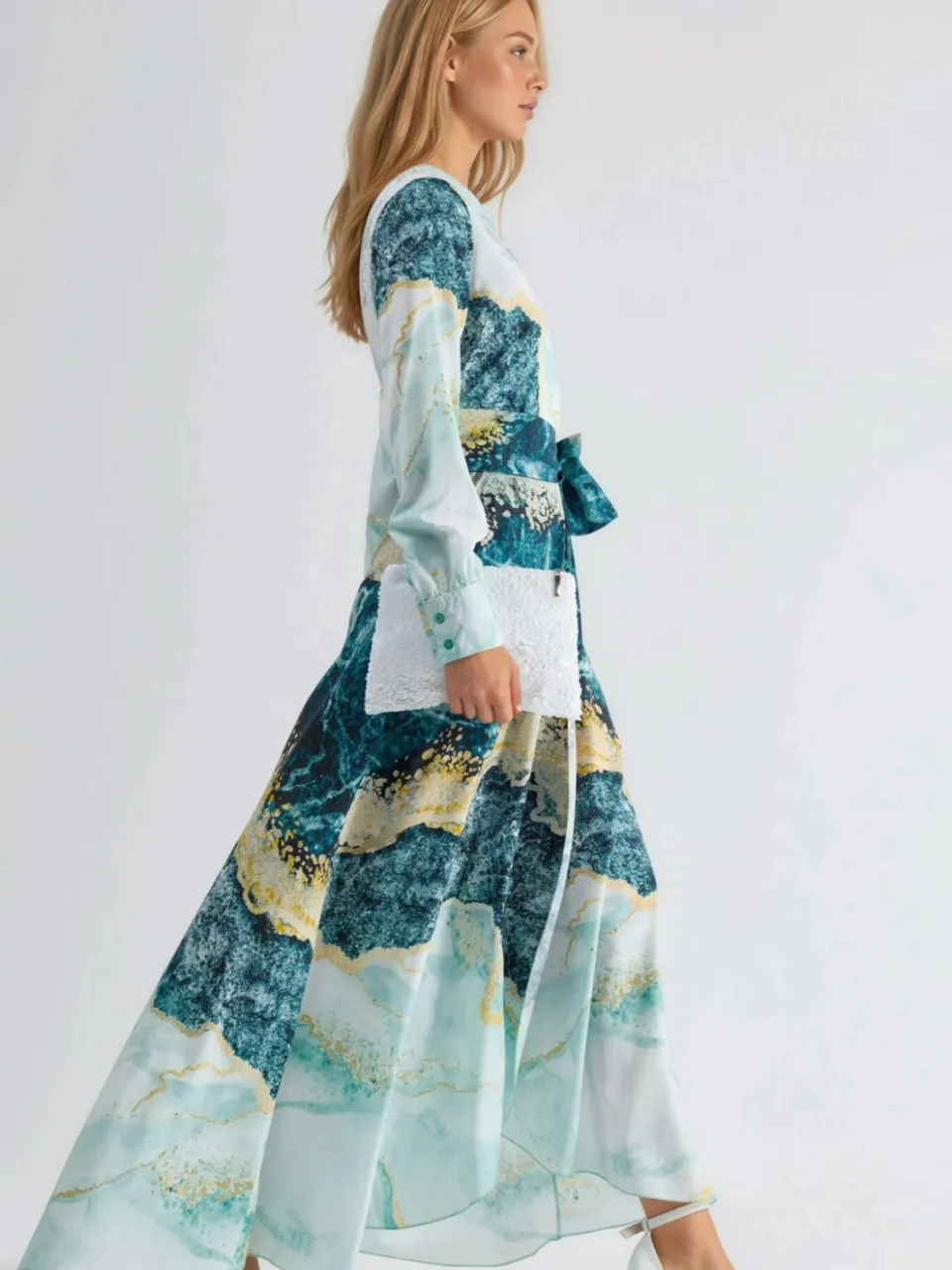 MSN Collection Abstracte Afdruk Lange Mouwen Maxi Jurk met Strikdetail groen, foto 2