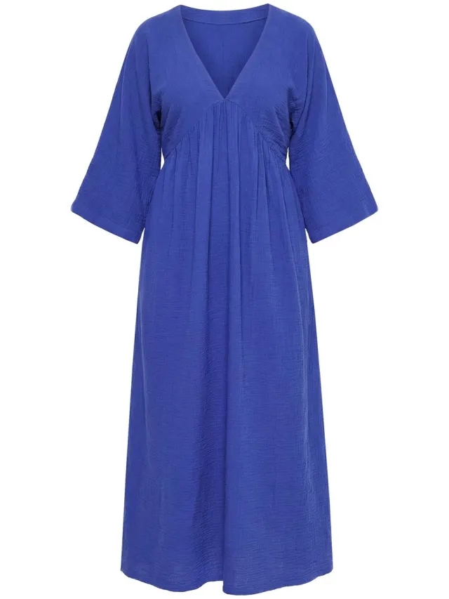 Ulla Popken Dames - Maxi-jurk mousseline A-lijn V-hals 3/4-mouwen - Azuurblauw - Maat 42+