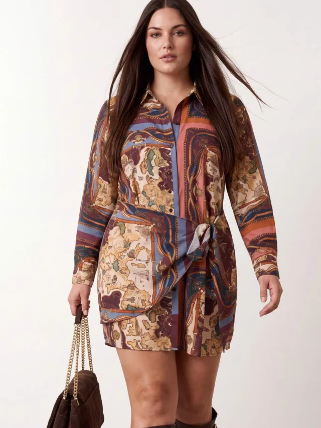 Trendyol Curve Dames Meerkleurig Etnisch patroon Kort / Mini Lang Recht Grote maten Jurk Veelkleurig