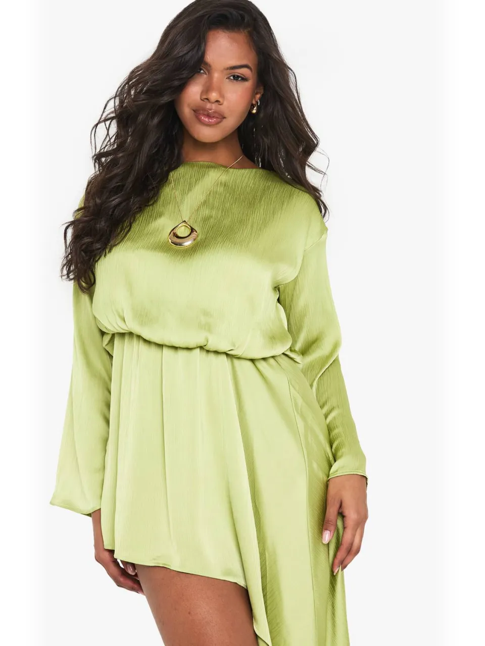 boohoo Dames Bootkraag Blouson Gedrapeerde Mini Jurk limoen, foto 4
