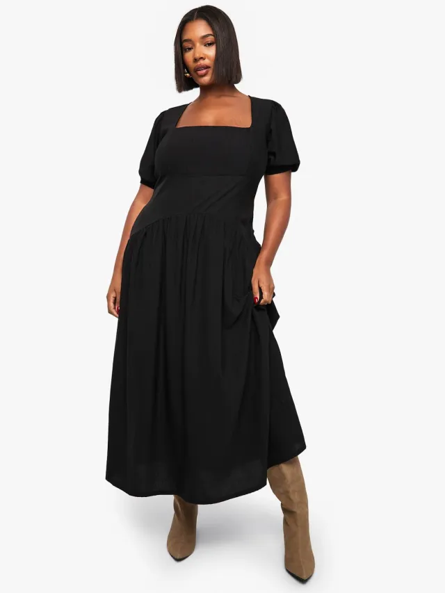 boohoo Dames Plus puffmouw maxi smock jurk Zwart
