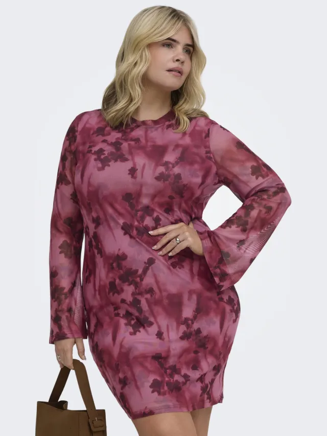 Only Carmakoma Plus Size mesh gebloemde mini jurk - roze