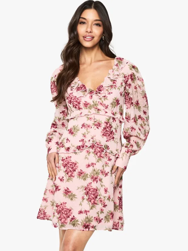 boohoo Dames Floral Chiffon Ruffle Mini Jurk Roze