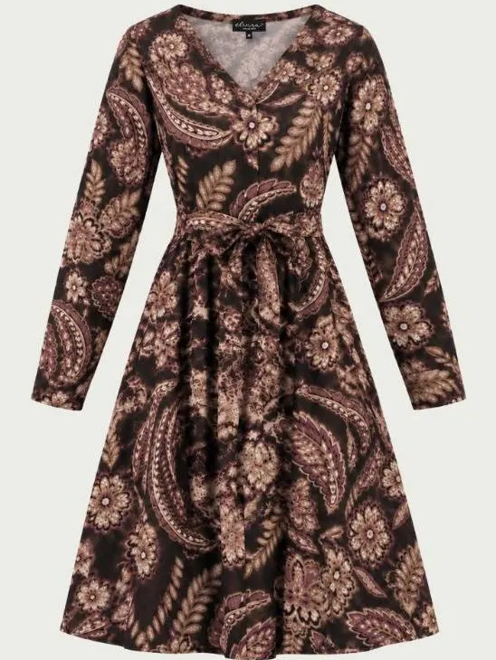 Elvira Collections A-lijn bohemian jurk met ceintuur en paisley - bruin/roze