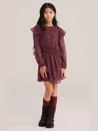 WE Fashion korte jurk met ruches donkerrood donkerrood/ecru, foto 3