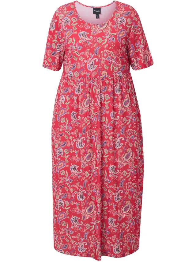 Ulla Popken Dames - Maxi-jurk A-lijn ronde hals halve mouwen zakken - Pauwenblauw - Maat 66+