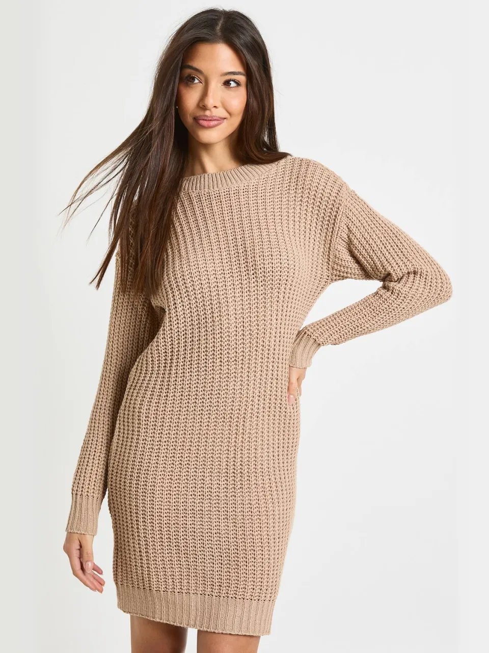 boohoo Dames Crew Neck Jumper Dress tan, foto 3