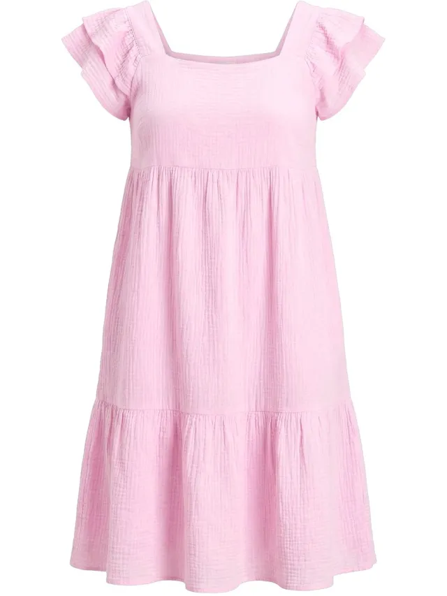 Angel of Style Dames - Mousseline jurk vierkante hals volants - Lichtroze