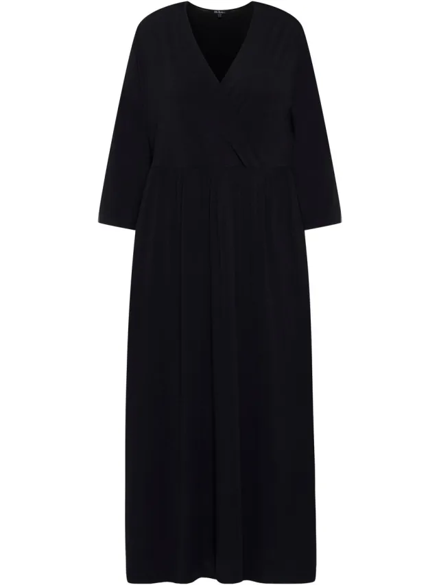 Ulla Popken Dames - Midi-jurk stippen wikkellook V-hals 3/4-mouwen - Zwart - Maat 54+