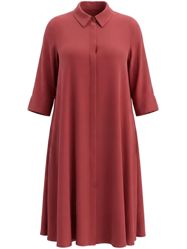 Ulla Popken Dames - Midi-jurk van lyocell A-lijn overhemdkraag 3/4-mouwen - Rozenhout - Maat 54+