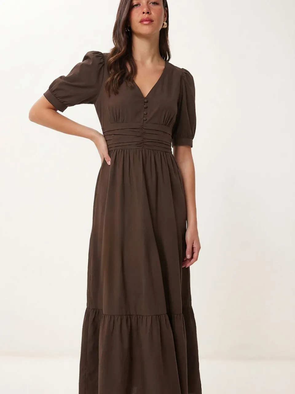 Happiness Istanbul Dames Katoenen Poplin Maxi-jurk bruin, foto 2