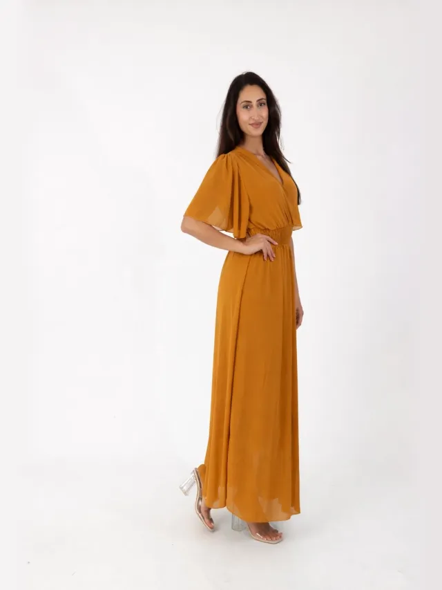 Elara Sommer-Maxikleid mit V-Ausschnitt Senf