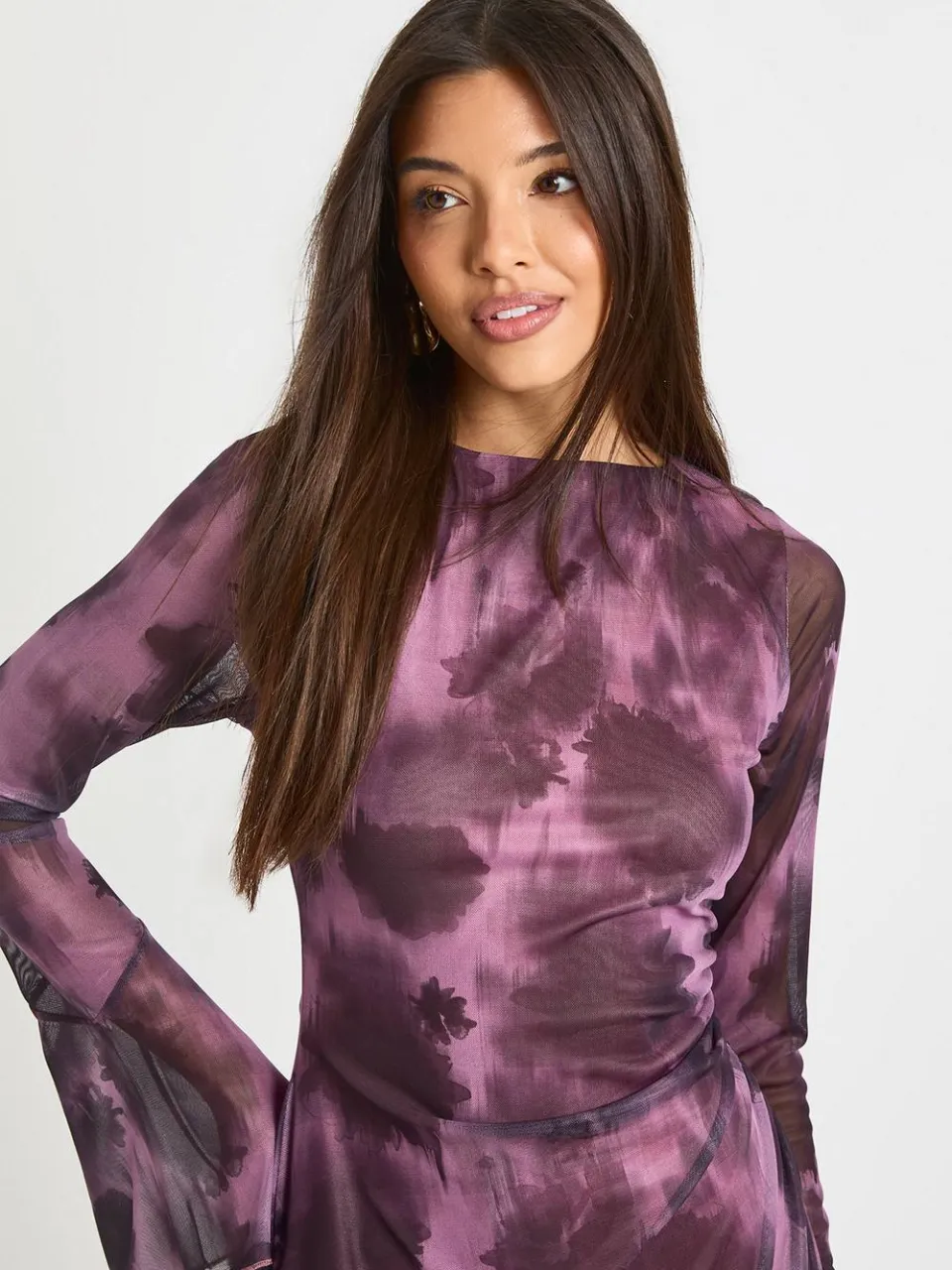 boohoo Dames Wazig Bloemen Mesh A-Lijn Mini Jurk mauve, foto 4