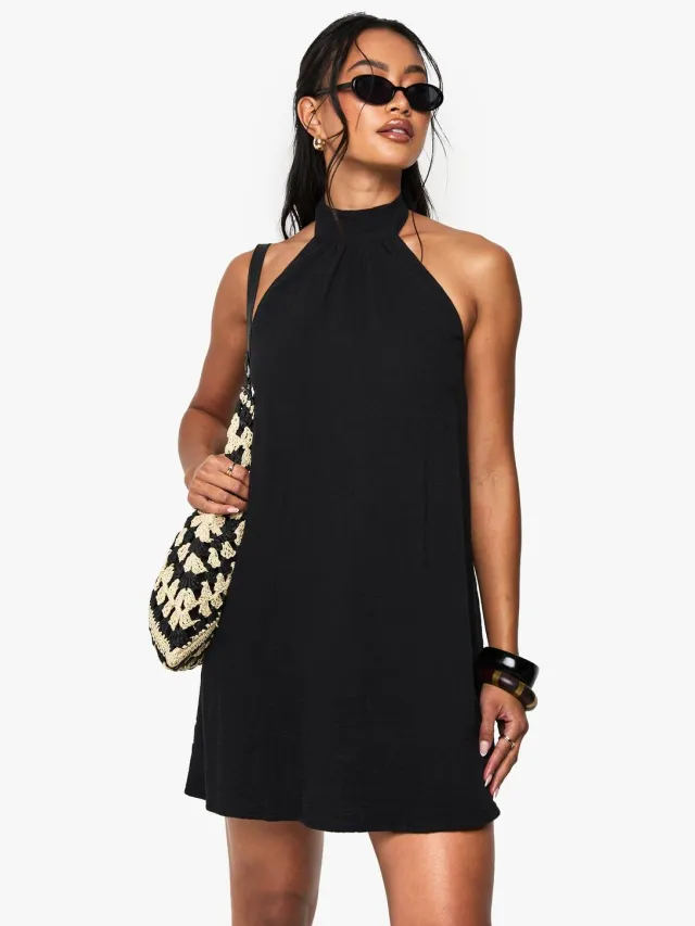 boohoo Dames Kaasdoek Halterneck Minijurk Zwart
