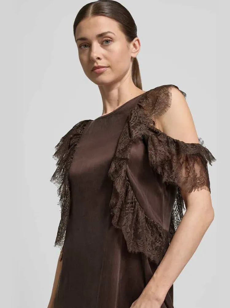 Cph Muse midi-jurk in asymmetrische look in colmodel met kant chocoladebruin, foto 3
