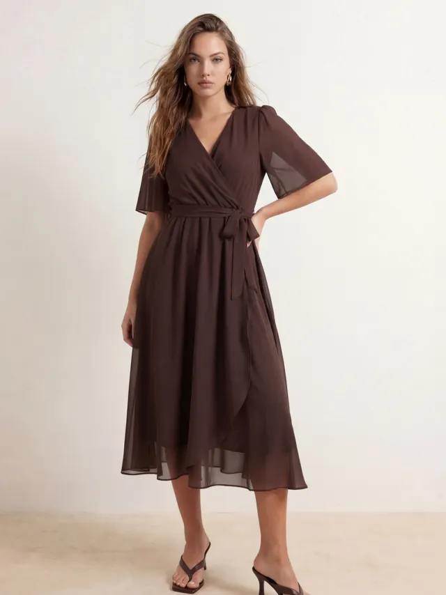 Trendyol TRENDYOLMİLLA Dames Bruin Effen Midi Kort Skater Jurken