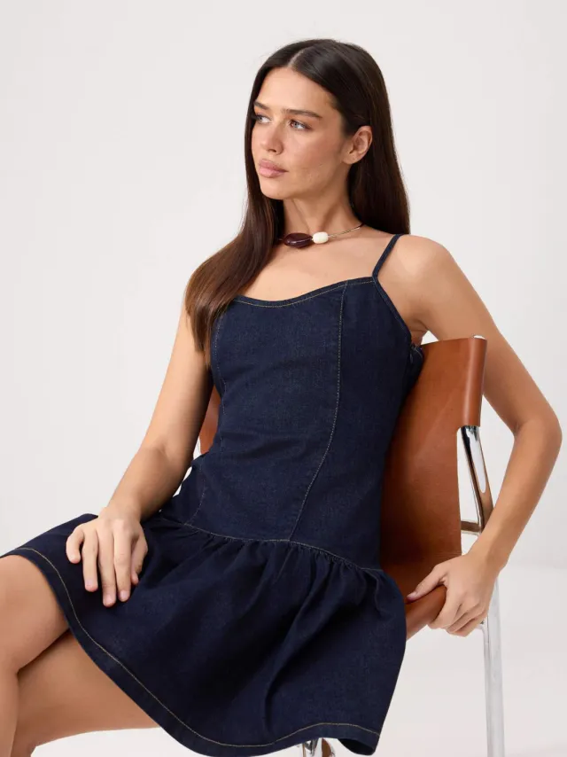 Trendyol TRENDYOLMİLLA Dames Donkerblauw Effen Kort / Mini Mouwloos Skater Jurken Marineblauw/Blauw