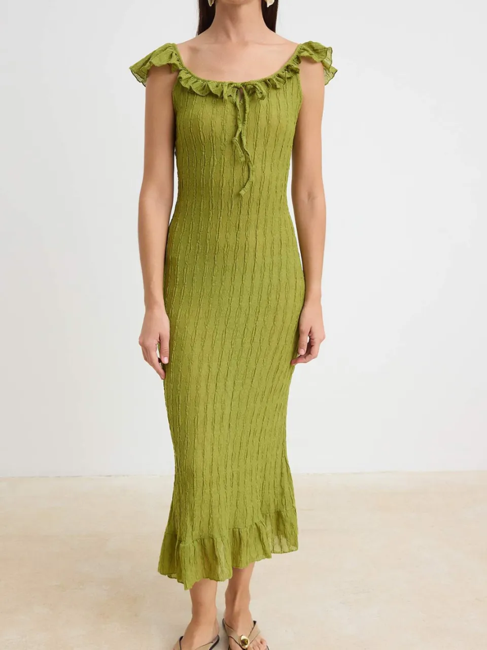 Trendyol TRENDYOLMİLLA Dames Groen Effen Maxi Kort Strandkleding Bodycon Strandjurken, foto 2