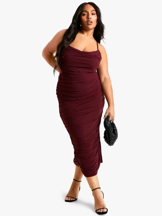 boohoo Dames Plus Kralenversierde Bandjes Midaxi-Jurk Bordeaux Rood