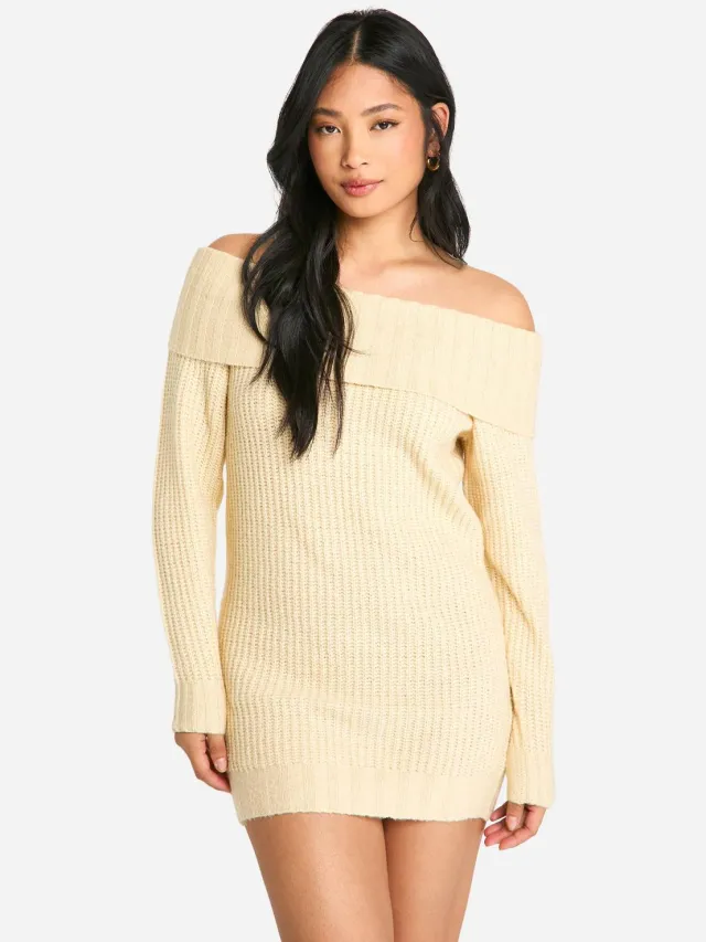 boohoo Dames Petite Wide Rib Bardot Halslijn Mini Jumper Jurk Steen
