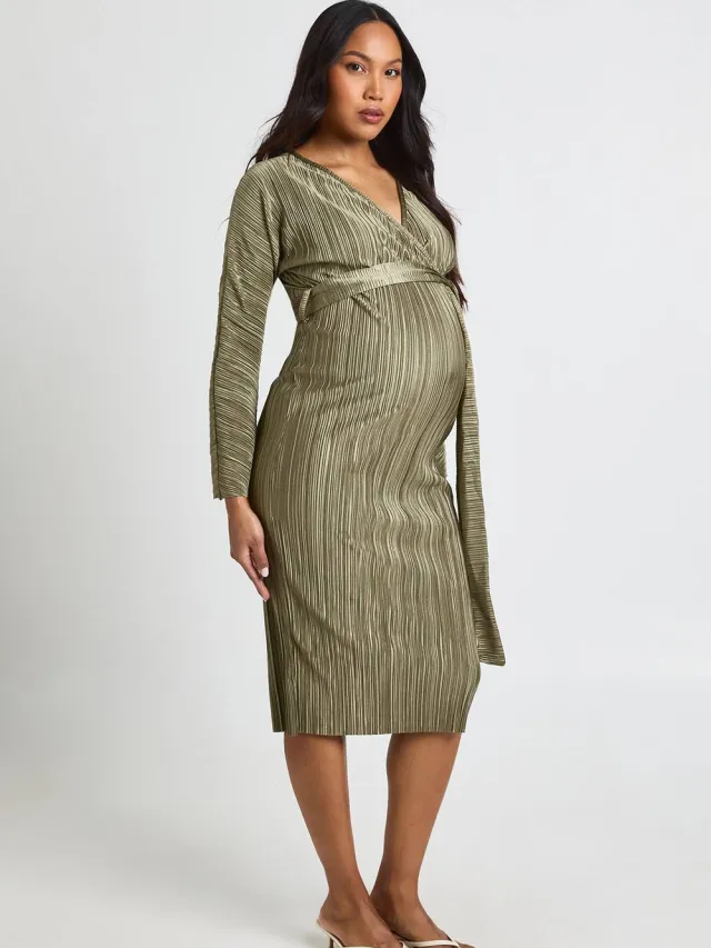 boohoo Dames Zwangerschaps Plisse Midi Jurk met Riem Kaki