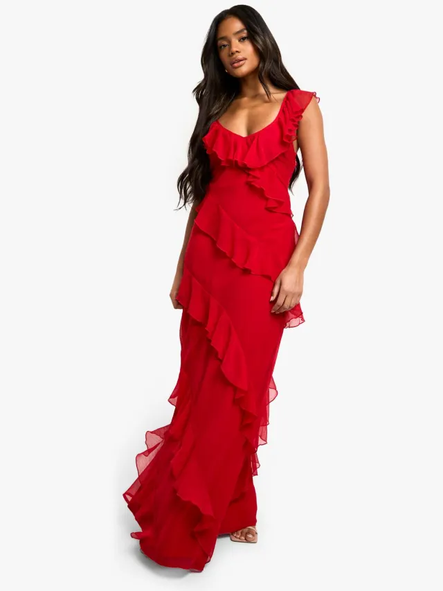 boohoo Dames Chiffon Ruffle Maxi-jurk met bandjes Rood