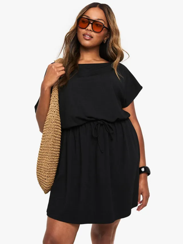 boohoo Dames Plus Rib Off Shoulder Tie Waist Minijurk Zwart