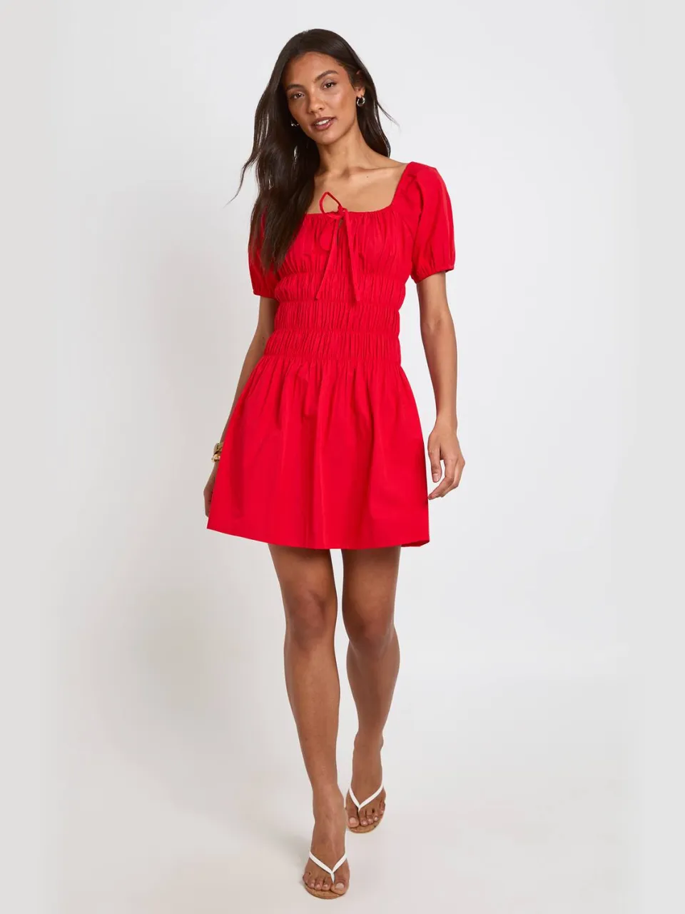 boohoo Dames Lange Katoenen Poplin Mini-jurk Met Gerimpeld Lijfje En Pofmouwen rood, foto 2