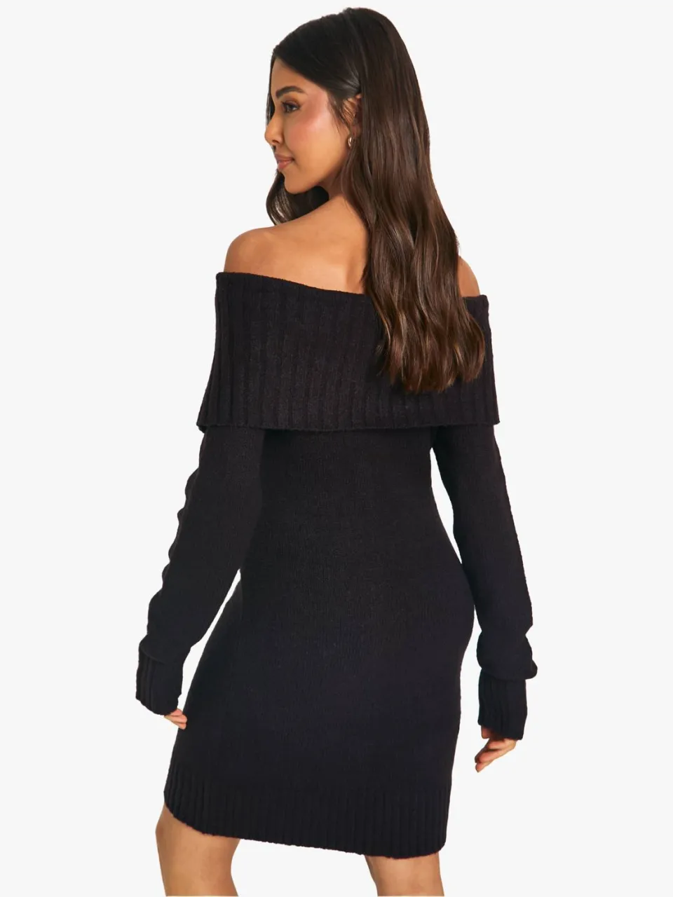 boohoo Dames Zachte gebreide oversized kraag off-shoulder trui jurk zwart, foto 2