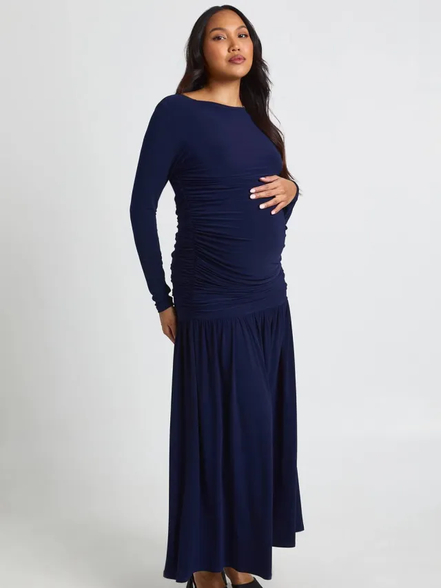 boohoo Dames Zwangerschaps Zachte Geplooid Maxi Jurk Met Lange Mouwen Marineblauw