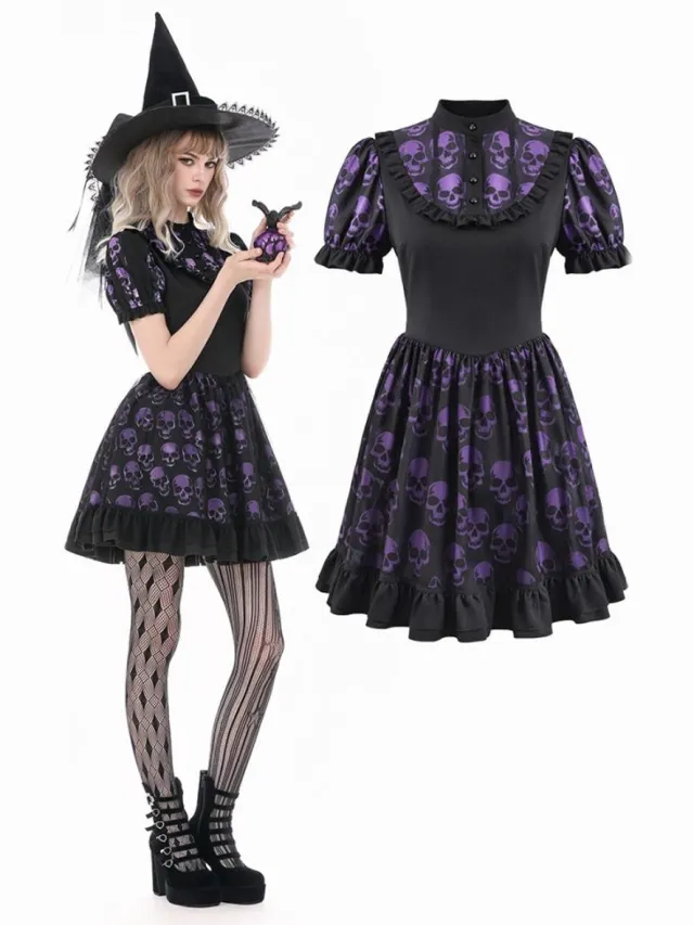 Dark In Love Purple Skull Whisper Dark Lolita with Skull Print Korte jurk - M - Zwart/Paars
