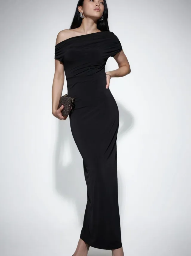 Hiccup Asymmetrische Kraag Slim Fit Maxi Jurk Zwart