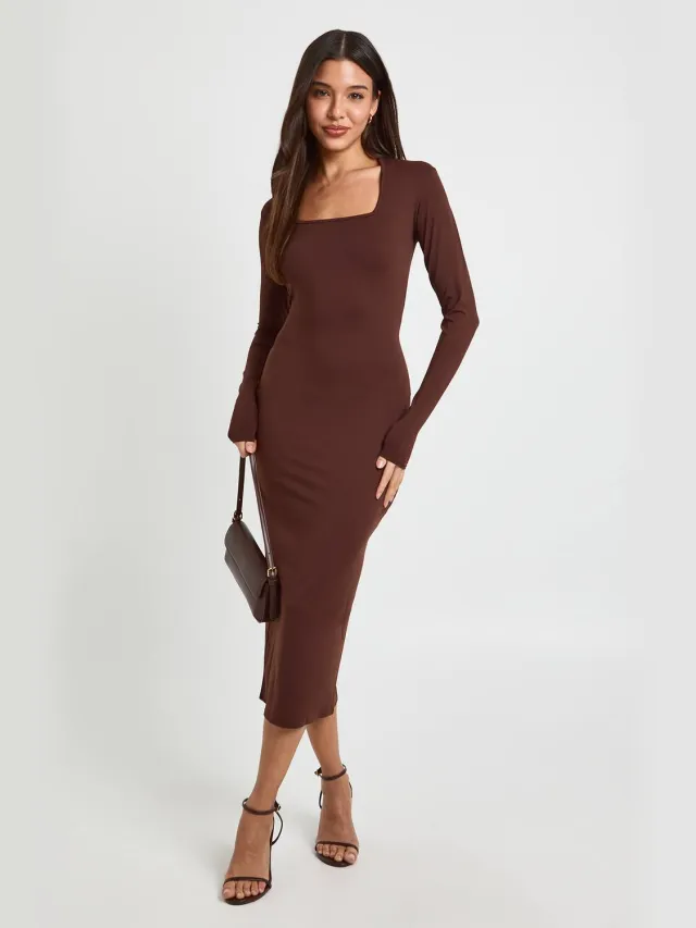 boohoo Dames Basic Supersoft Midi-jurk Met Vierkante Hals En Lange Mouwen Chocoladebruin