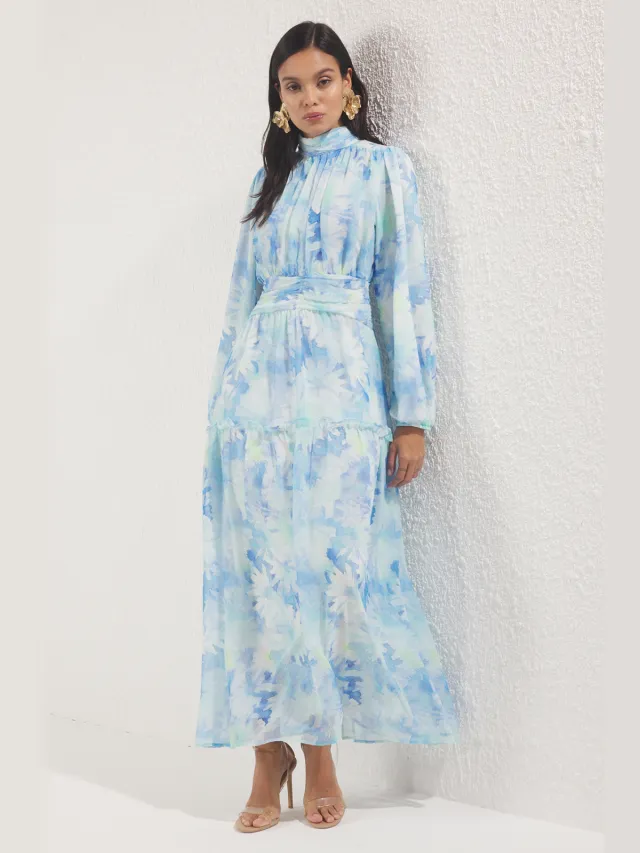 Trendyol Modest Dames Blauw Bloemen Maxi Lang Casual Skater Modest Jurken