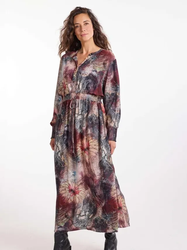 Didi Dames Dress Beloved Burgundy Cloudroot print Beige / bruin