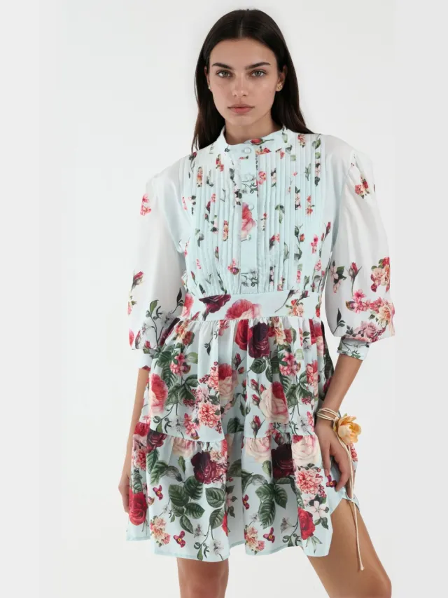 MSN Collection Geprinte A-lijn Mini-jurk met Lange Mouwen Lichtblauw