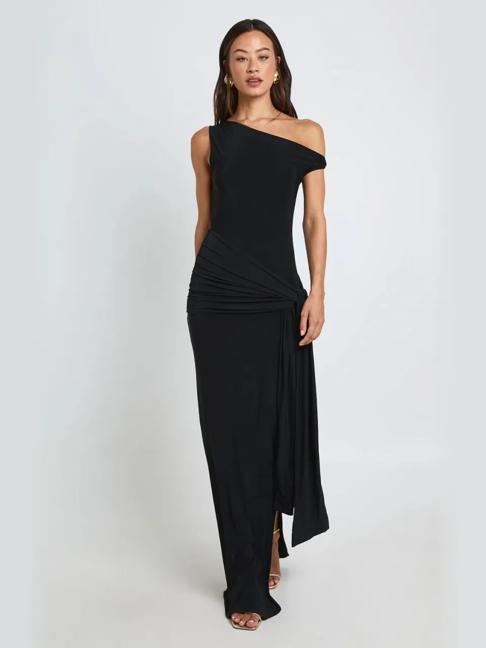 boohoo Dames Lange Slinky Maxi-jurk Met Twistdetail Zwart