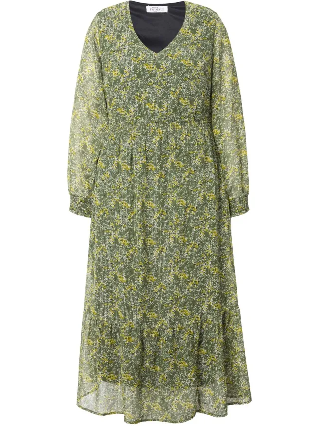 Studio Untold Dames - Maxi-jurk A-lijn bloemenprint wikkellook - Mosgroen - Maat 54+