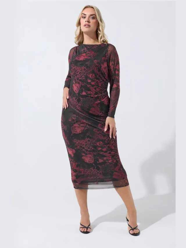 Limited Collection Burgundy Rode Bloemen Mesh Maxijurk-56 Red