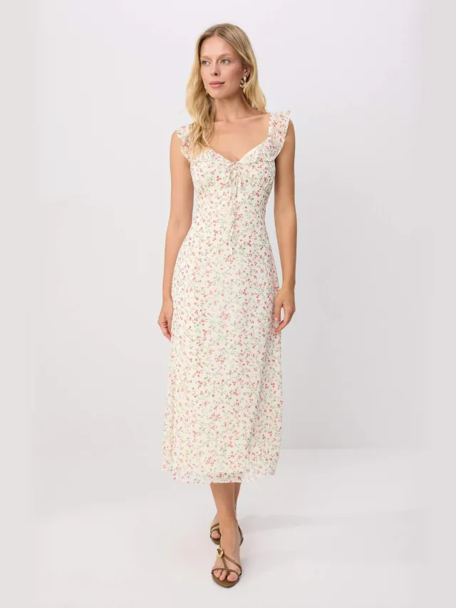 Trendyol TRENDYOLMİLLA Dames Ecru Bloemen Midi Mouwloos Avond / Dagelijks A-lijn Jurken
