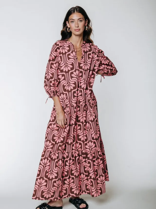 Colourful Rebel Biba Retro Flower Maxi Shirt Dress Vintage pink