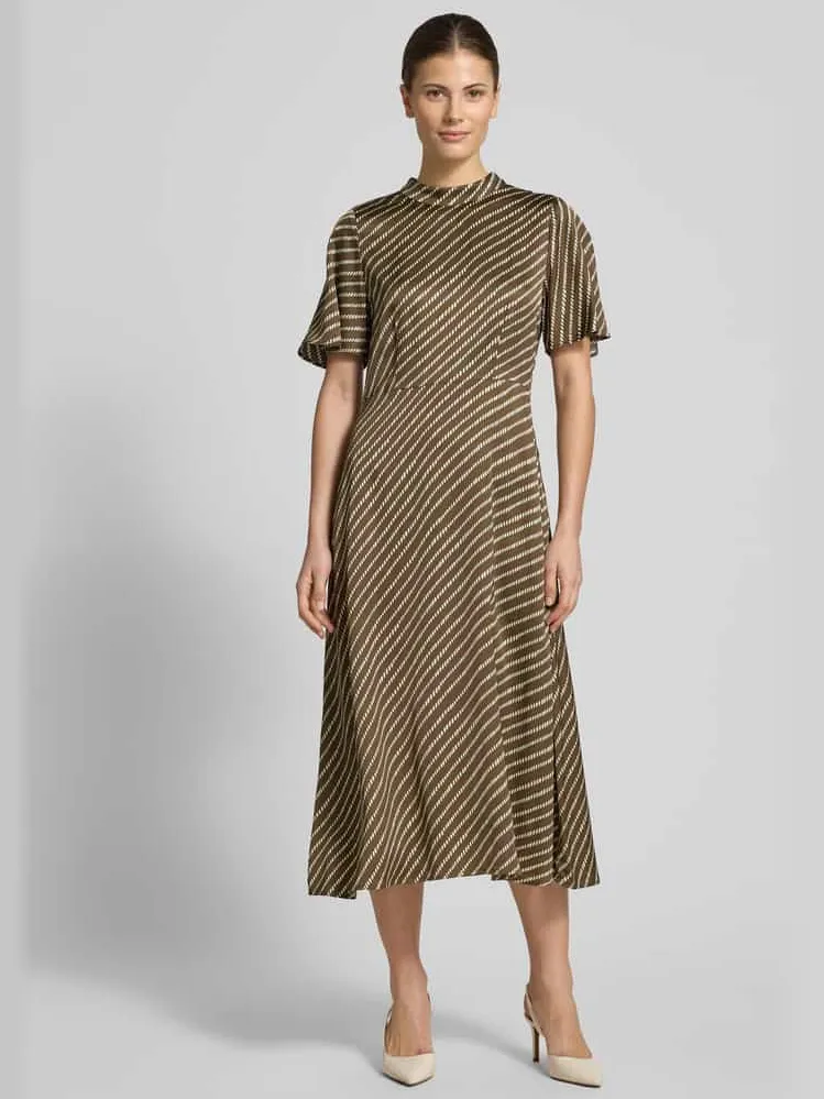 Comma midi-jurk van pure viscose met opstaande kraag Kaki