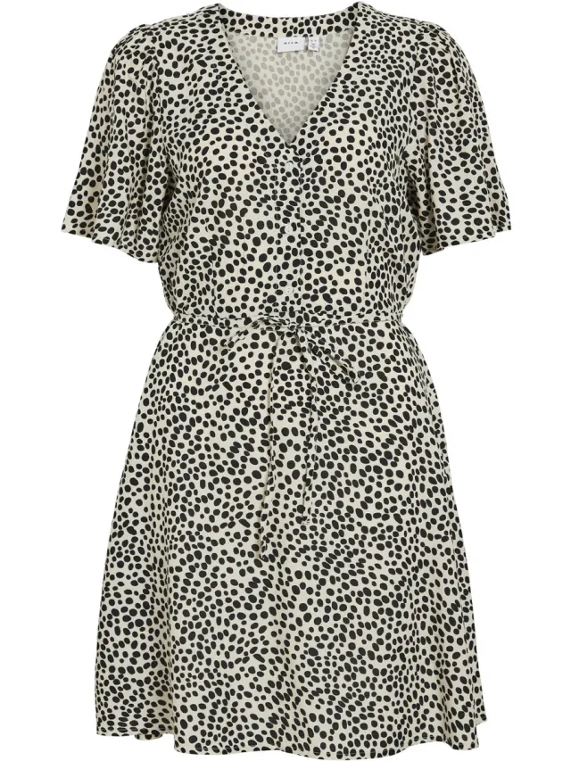 Vila VIGRACE V-NECK S/S SHORT DRESS - NOOS - Dames - Mini jurken Sandshell / Dot Black Beauty