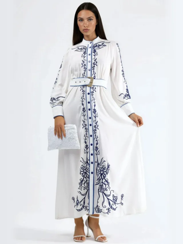 MSN Collection Bloemen Midikleding met Ceintuur Wit