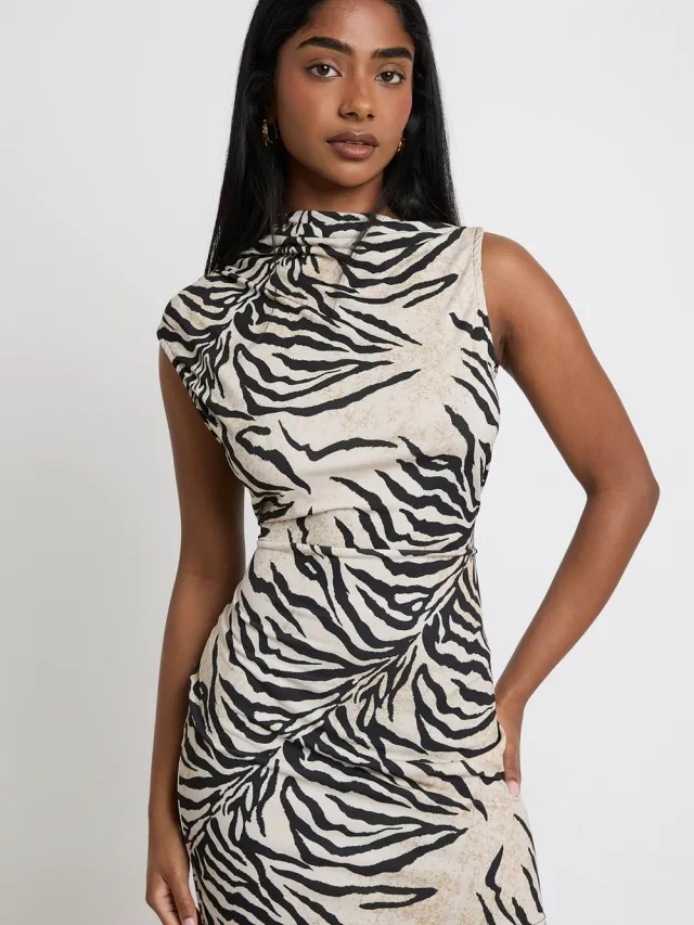boohoo Dames Mini Jurk Met Tonaal Zebraprint En Drape Detail Steen