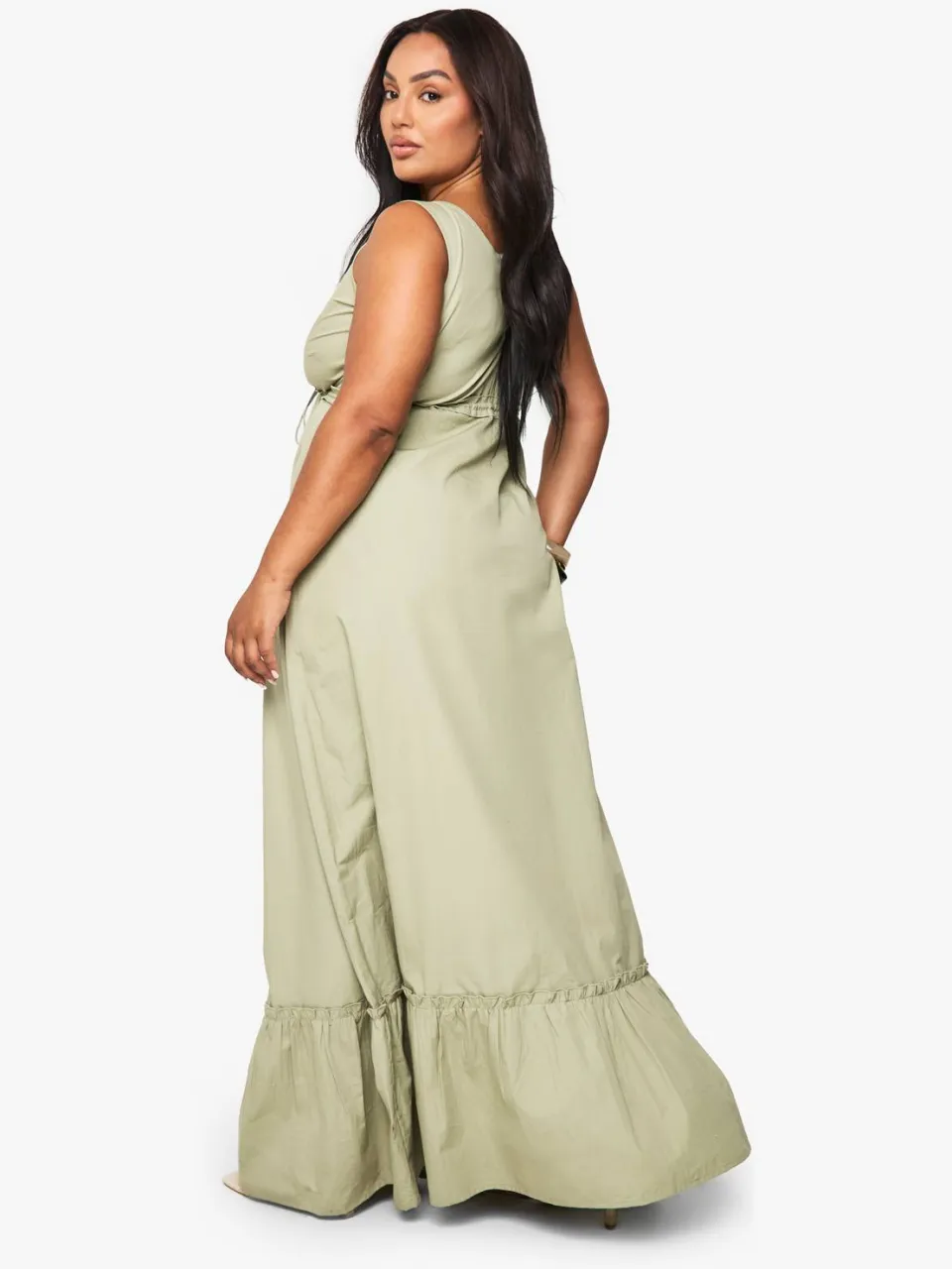 boohoo Dames Plus Katoenen Popeline Maxi-Jurk met Ruche en Strikdetail verstandig, foto 2