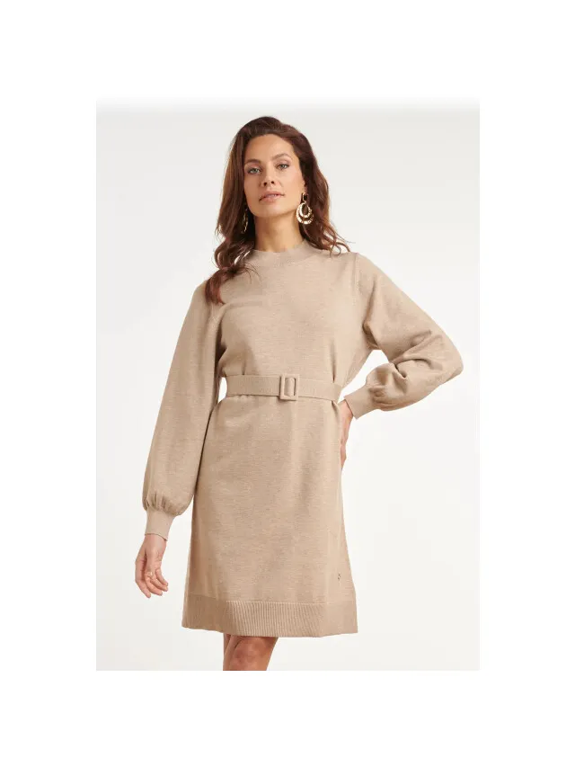 Smashed Lemon Gebreide jurk met tailleceintuur Taupe