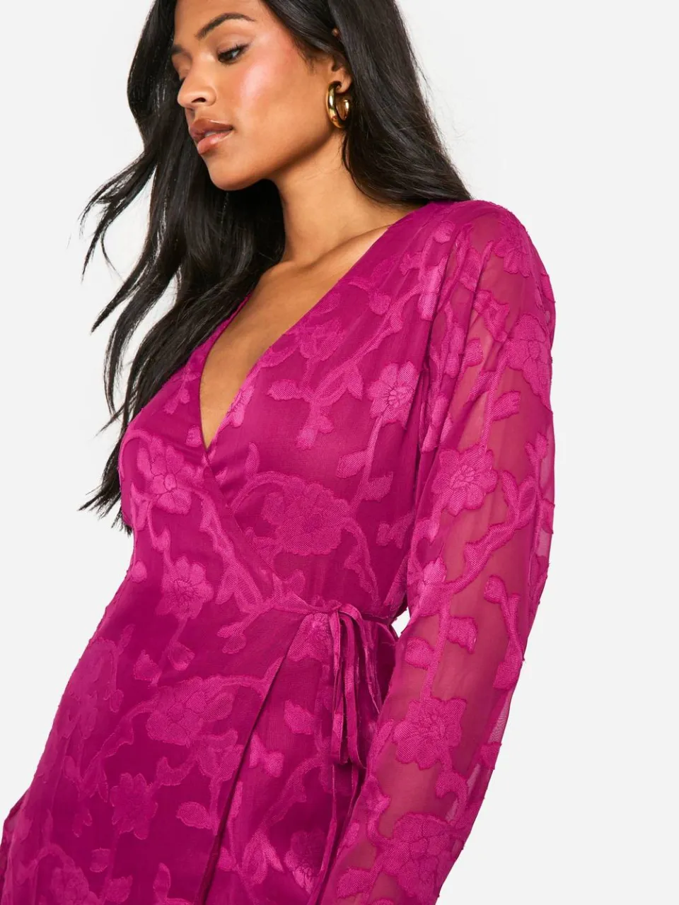 boohoo Dames Lange Burnout Bloemrijke Ruffle Wrap Jurk pruim, foto 2